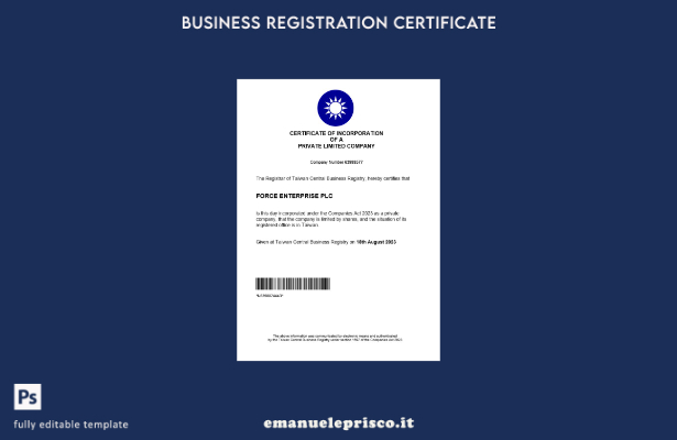 Certificato di registrazione aziendale di Taiwan in stile verificato Modello Wor